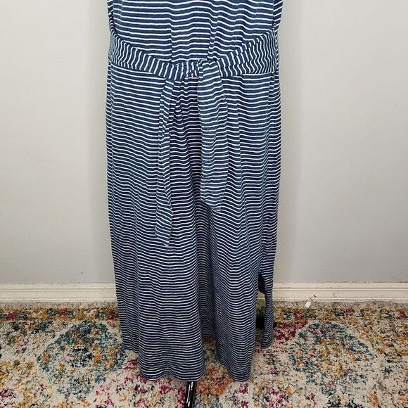 LOFT Blue & White Stripe Cap Sleeve Tie Waist Split Side Maxi Dress Size XL - Picture 5 of 14
